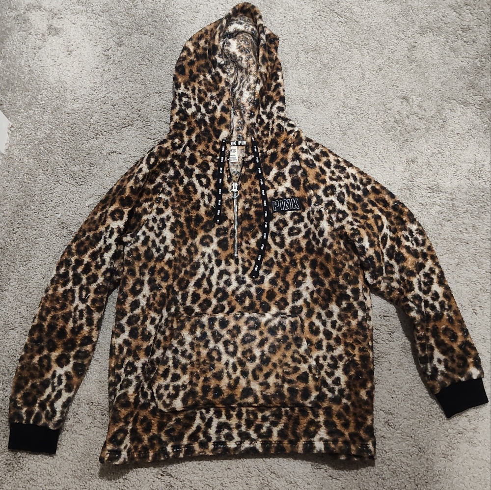 Victoria's Secret Leopard Sherpa Boyfriend Hoodie with PINK Logo